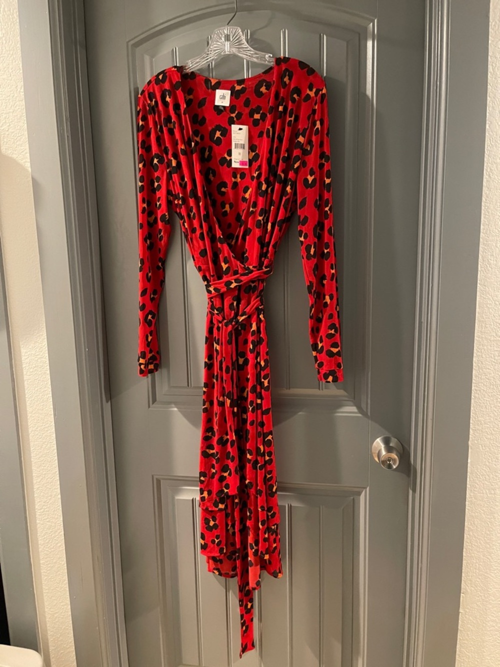 CAbi Red Leopard-Print Wrap Dress with Black and Orange Spots